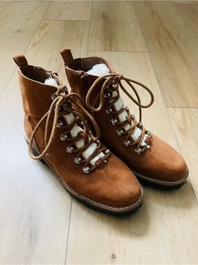 a new day Tan Suede Lace-Up Shearling Ankle Boots, Women 8.5